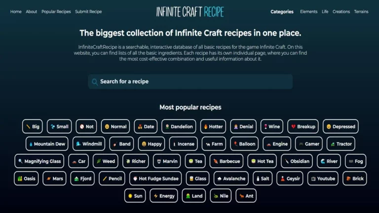 Home page of infinite craft recipes