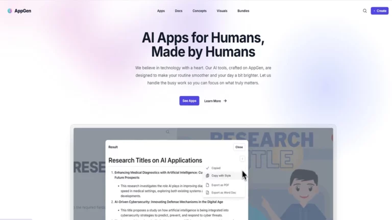 homepage interface of appgen
