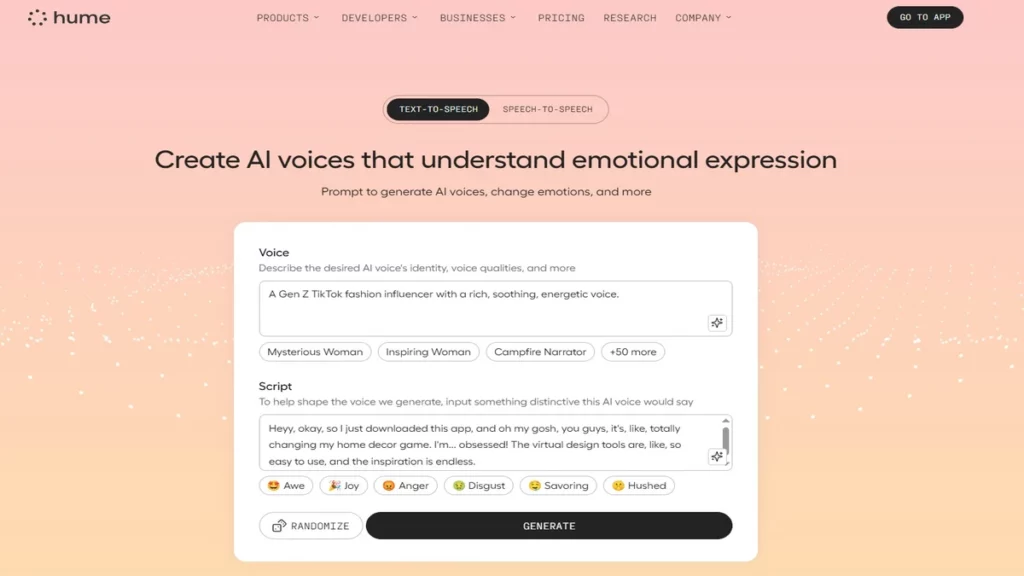 Homepage of hume ai website