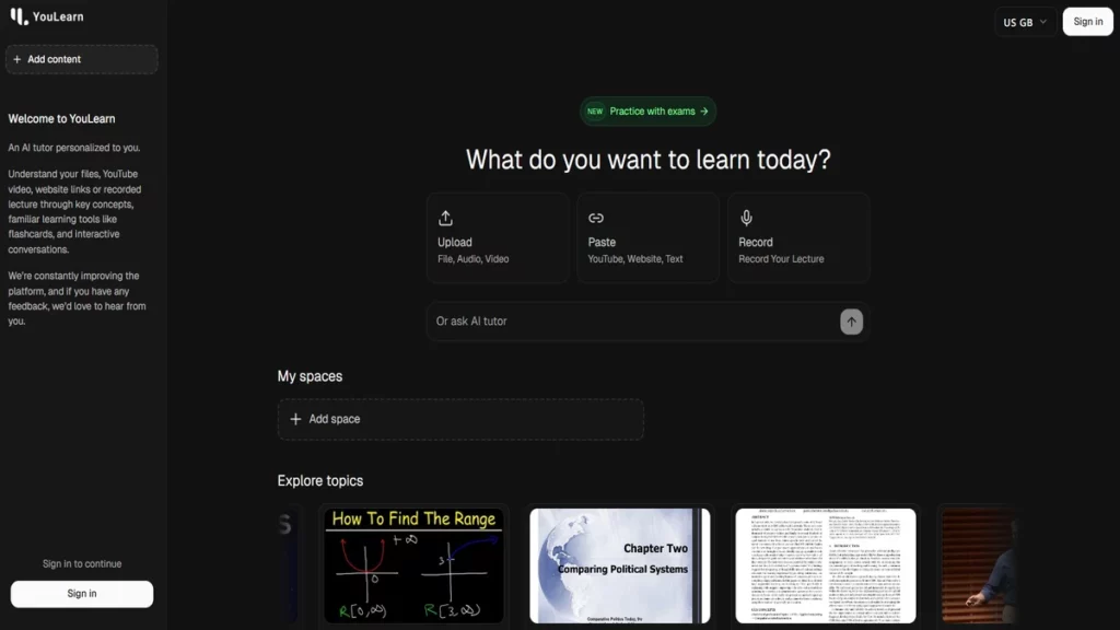 Homepage of youlearn ai