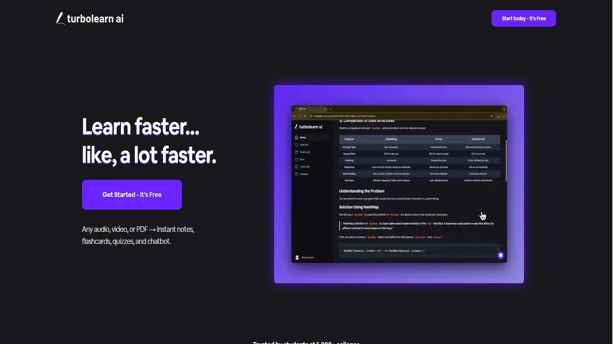homepage and dashboard page of turbolearn ai