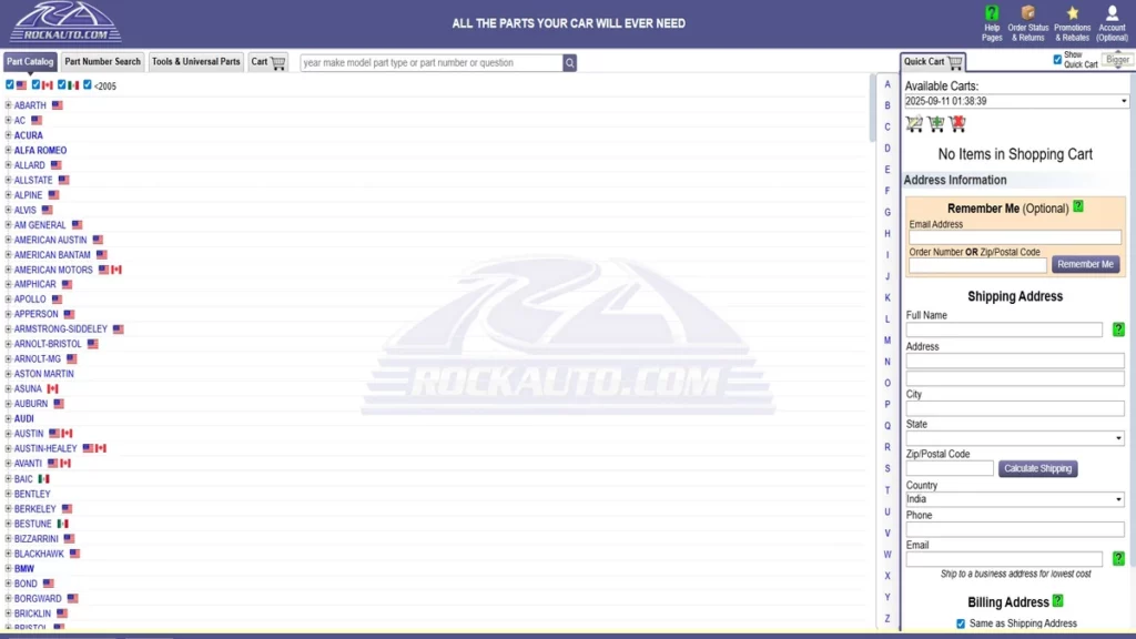 Homepage of rockauto