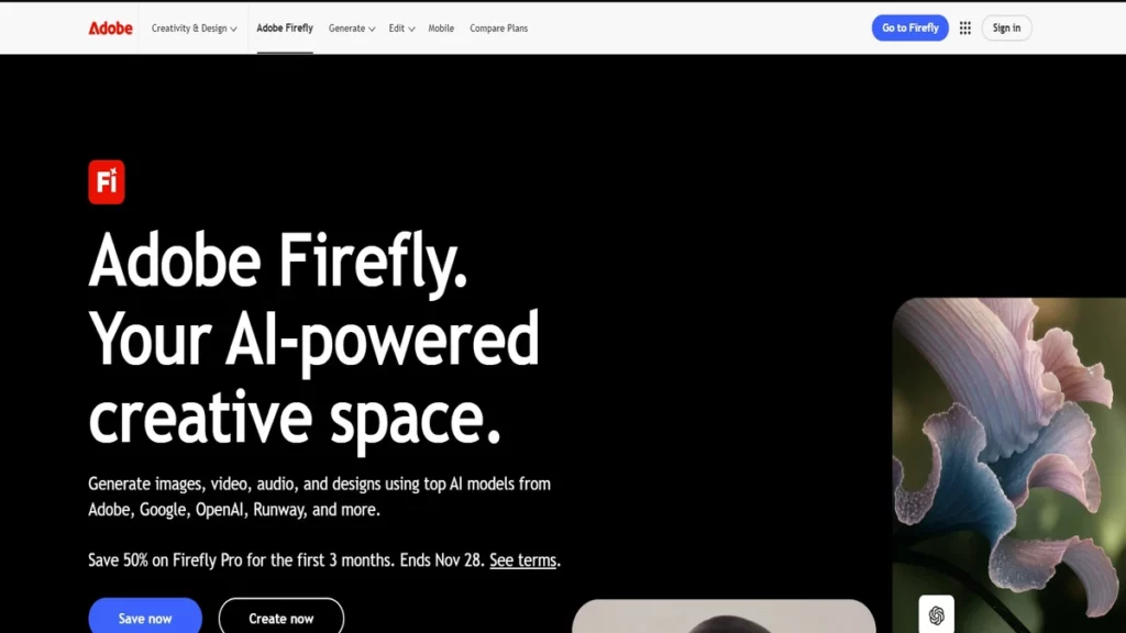Homepage of adobe firefly ai